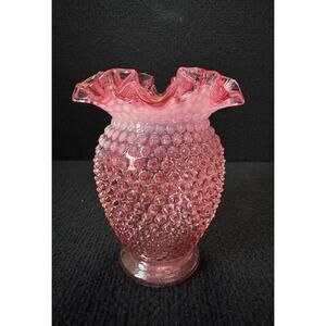 Vintage Cranberry Glass Hobnail Vase – Ruffled Edge Fenton Style